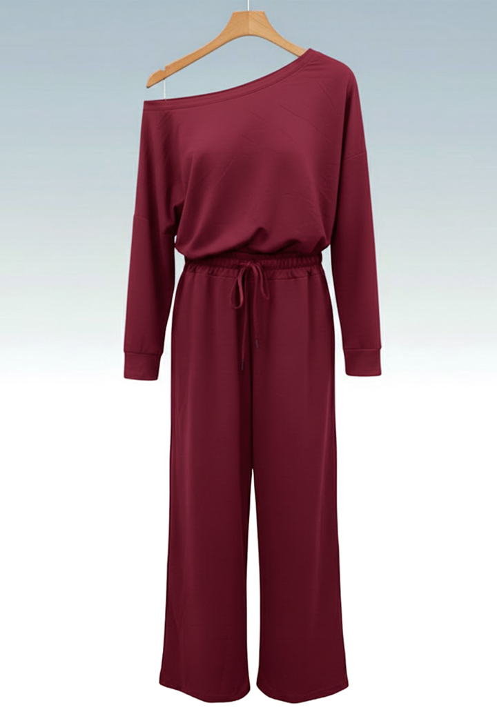 Kadın Uzun Kollu Tek Omuzdan Açık Viskon İki İplik Bluz ve Pantolon İkili Takım  - 3