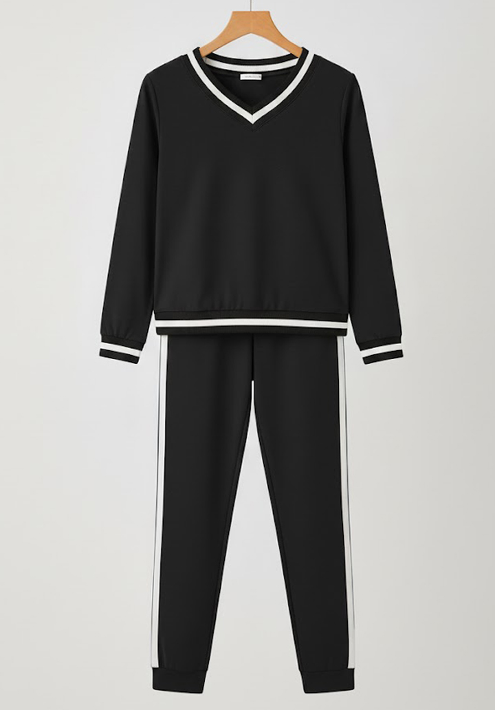 Kadın Uzun Kollu V Yakalı Ribanalı Viskon İki İplik Bluz ve Pantolon İkili Takım  - 3