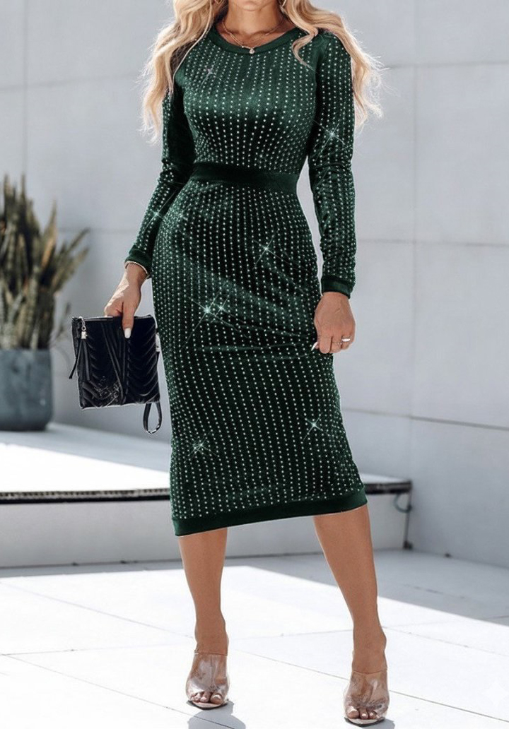 Kadın Uzun Kollu Bisiklet Yaka Taşlı Midi Kadife Elbise  - 3