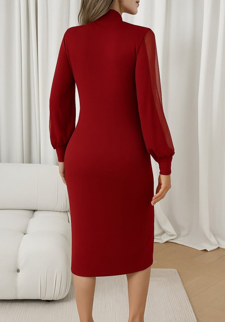 Kırmızı İnci Detaylı Tül Kollu Krep Kumaş Midi Boy Abiye Kadın Elbise - 3