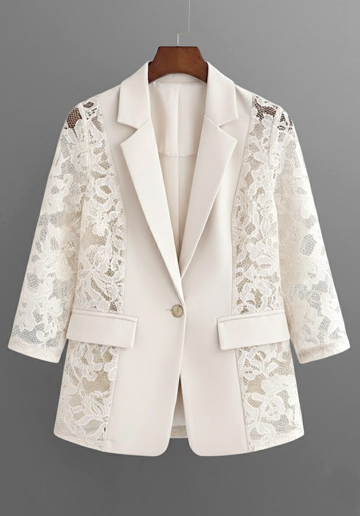 Atlas Kumaş Dantel Detaylı Truvakar Kol Blazer Ceket - 3