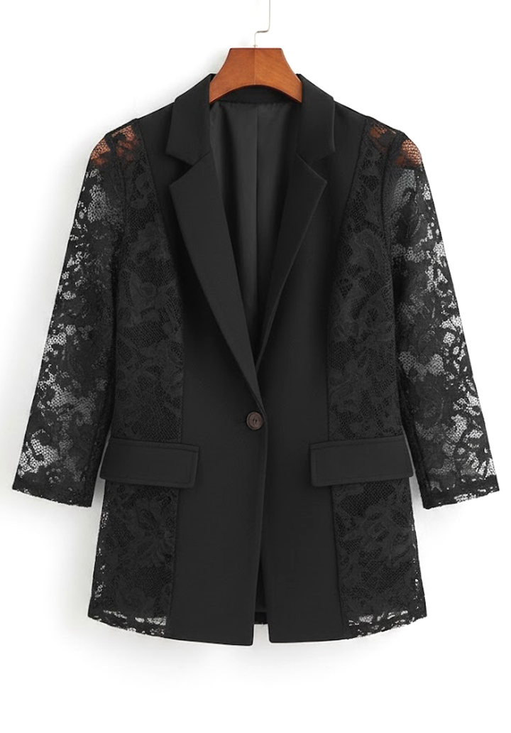 Atlas Kumaş Dantel Detaylı Truvakar Kol Blazer Ceket - 3