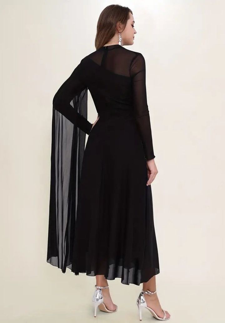 Siyah Sandy Kumaş Balılçı Yaka Tül Detay Uzun Abiye - 3