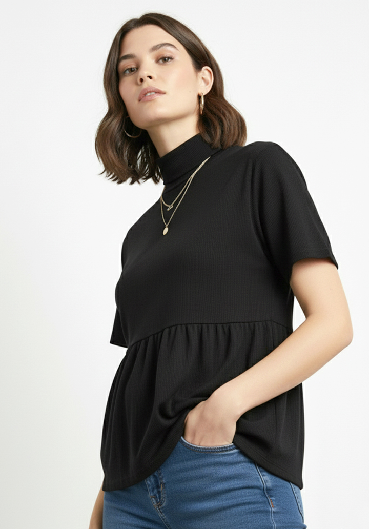 Balıkçı Yaka Kısa Kol Fırfırlı Peplum Kesim Triko T-Shirt Kazak - 3