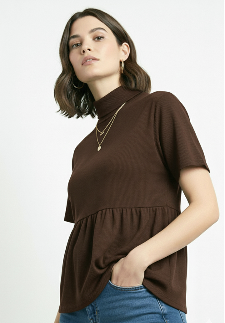 Balıkçı Yaka Kısa Kol Fırfırlı Peplum Kesim Triko T-Shirt Kazak - 3