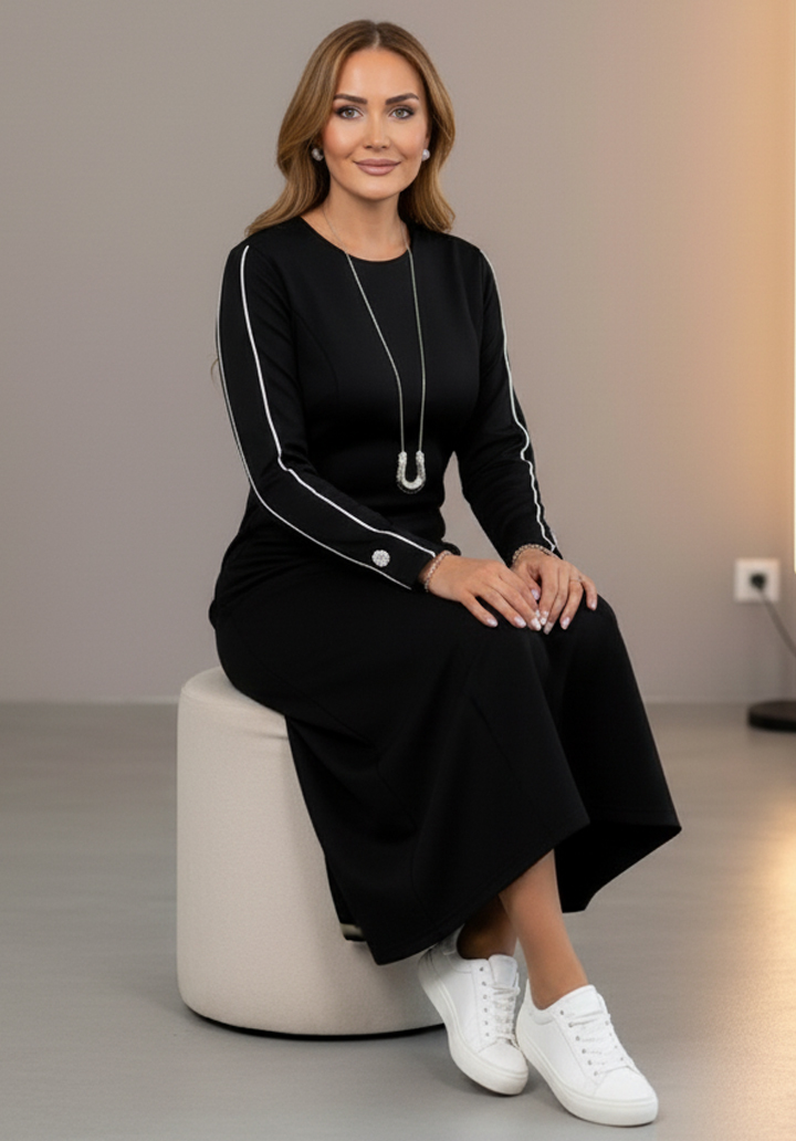 Siyah Çizgili Kol Detaylı Midi Boy Modal Kumaş Elbise - 3