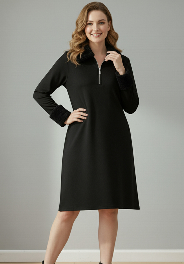 İki İplik Kumaş Peluş Yakalı Fermuarlı Midi Boy Elbise - 3