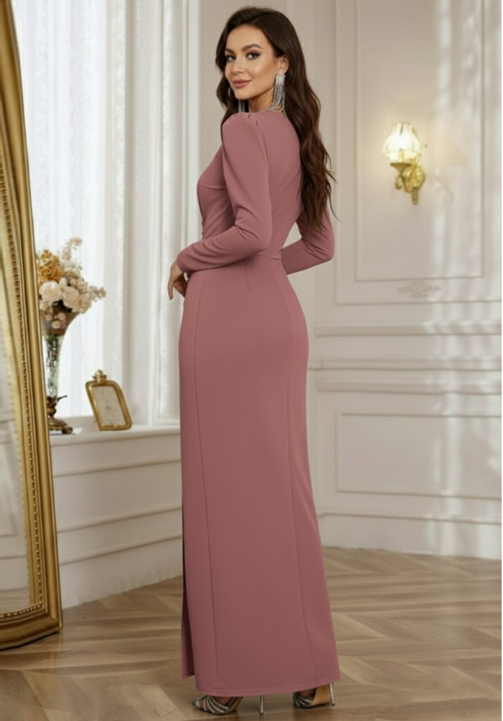 Pudra Uzun Kollu Özel Tasarım Yanları Taş Detaylı Yırtmaçlı Abiye Elbise - 3