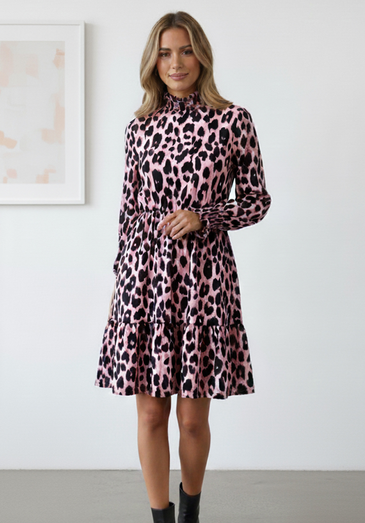 Leopar Desenli Uzun Kollu Beli Lastikli Dik Yaka Mini Elbise - 3