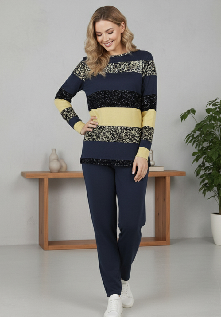 Çizgi Desenli İki İplik Kumaş Rahat Kesim Alt Üst İkili Takım - 3