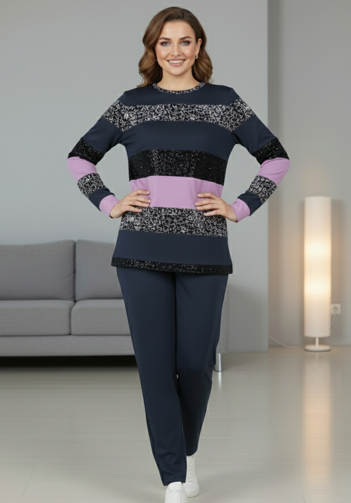 Çizgi Desenli İki İplik Kumaş Rahat Kesim Alt Üst İkili Takım - 3