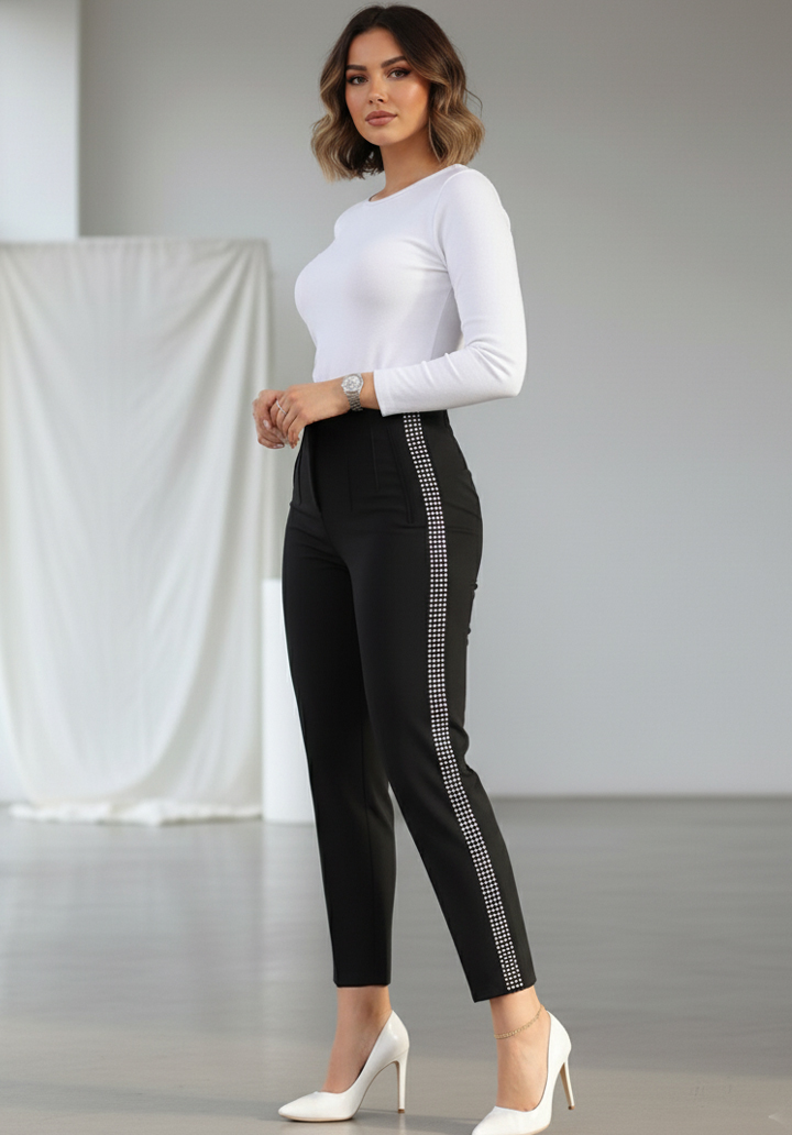 Siyah Yanları Taş Detaylı Yüksek Bel Sigaret Pantolon  - 3