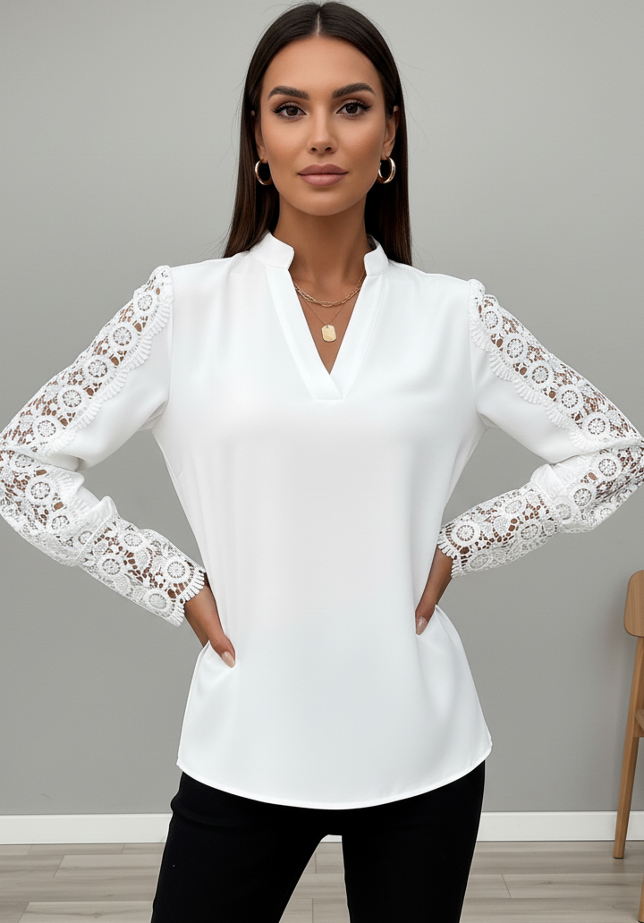 Modern Kesim Hakim Yaka  Kolları Dantel Detaylı Şık Bluz - 3