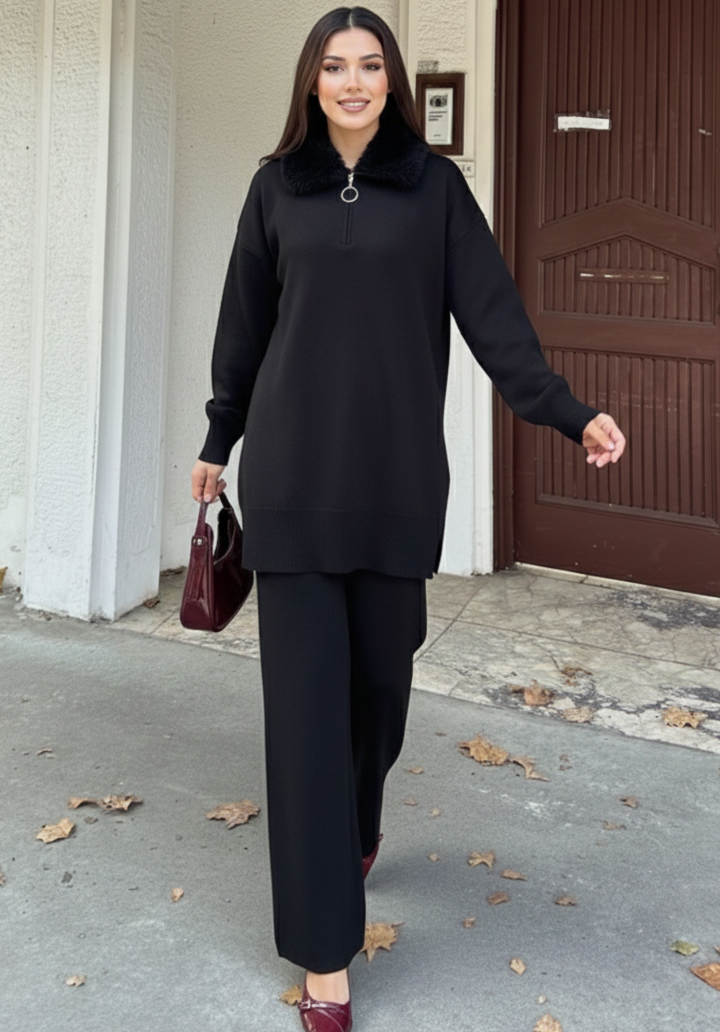 Kürk Yakalı Triko Tunik Pantolon Oversize Alt Üst Takım - 3