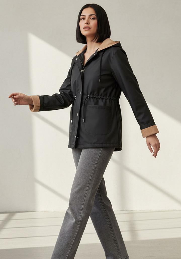Siyah Kapüşonlu Su Geçirmez İçi Kaşe Astarlı Yağmurluk Ceket - 3