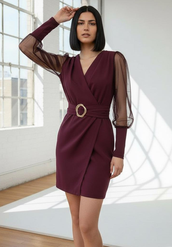 Tül Transparan Kollu Toka Kemerli Mini Abiye Elbise - 3