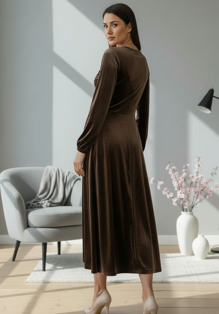 Uzun Kollu Bisiklet Yaka Midi Boy Kadife Elbise - 3