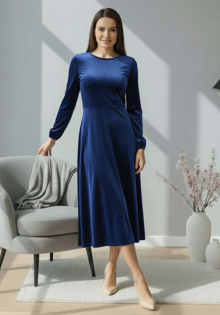 Uzun Kollu Bisiklet Yaka Midi Boy Kadife Elbise - 3