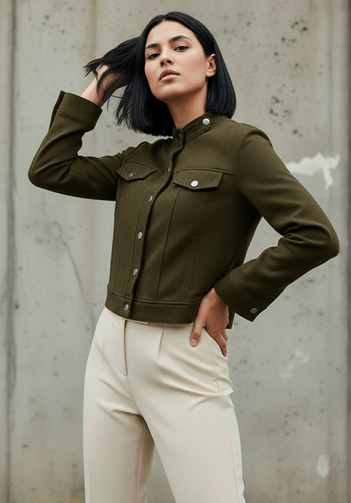 Hakim Yaka Önden Düğmeli Crop Süet Ceket  - 3