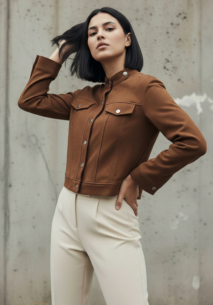 Hakim Yaka Önden Düğmeli Crop Süet Ceket  - 3