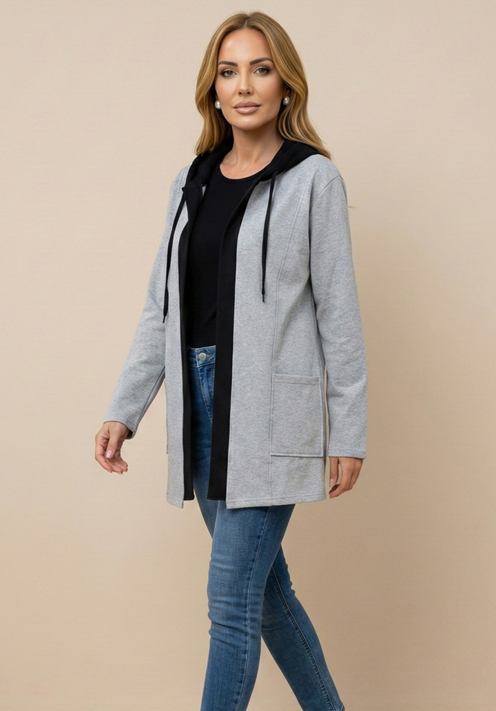 Kapüşonlu İki İplik Kumaş Şardonlu Uzun Hırka - 3