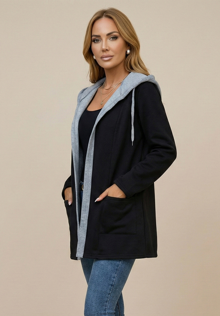 Kapüşonlu İki İplik Kumaş Şardonlu Uzun Hırka - 3