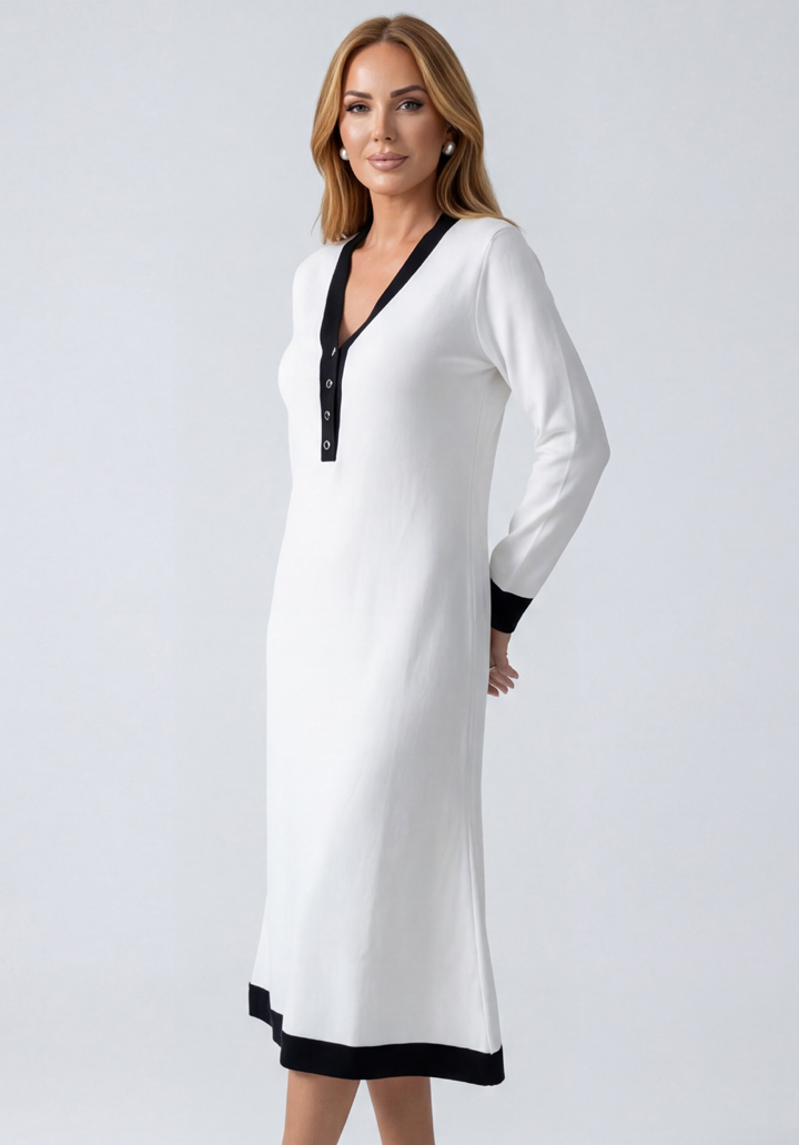 Yaka ve Manşet Detaylı Uzun Kollu Midi Boy Elbise - 3