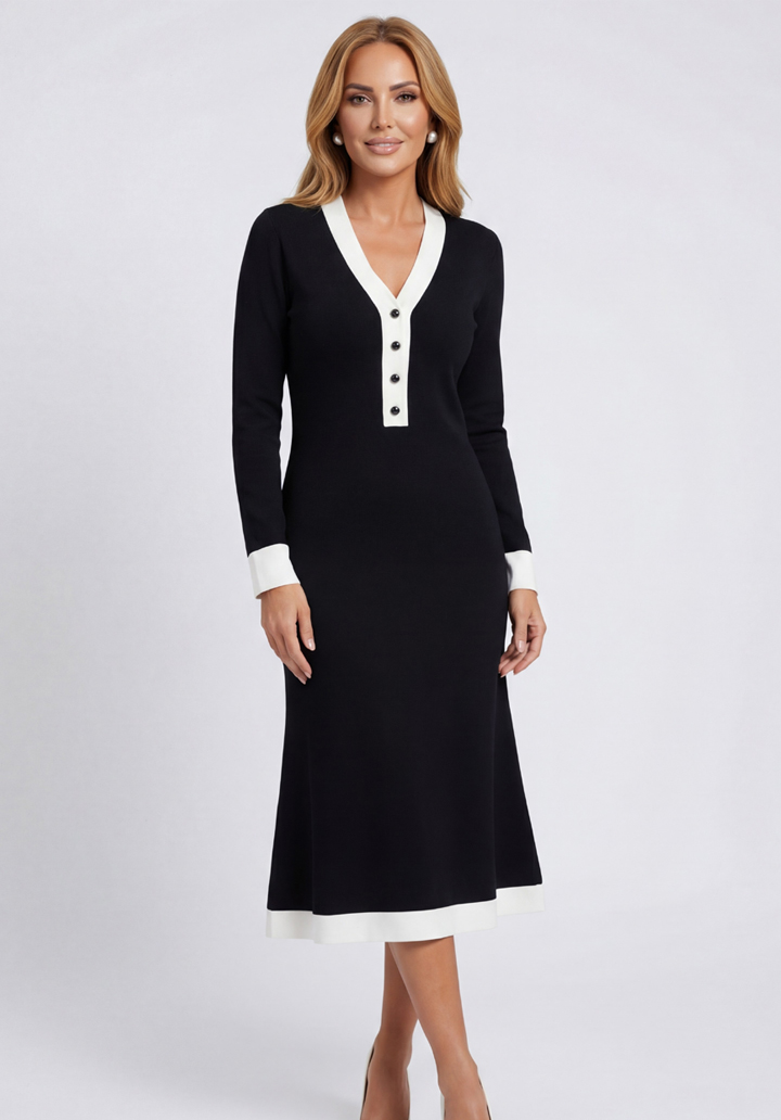 Yaka ve Manşet Detaylı Uzun Kollu Midi Boy Elbise - 3