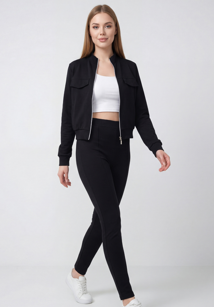 Cepli Fermuarlı Kısa Ceket ve Pantolon İkili Takım - 3