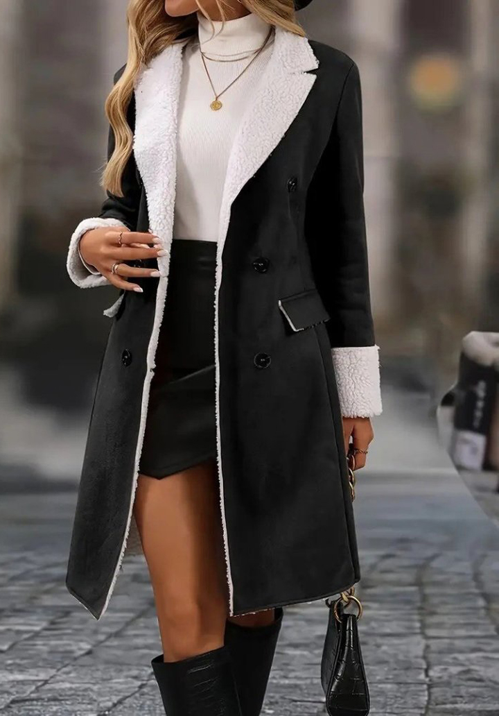 Siyah İçi Kürklü Süet Kumaş Kadın Kışlık Trençkot - 3