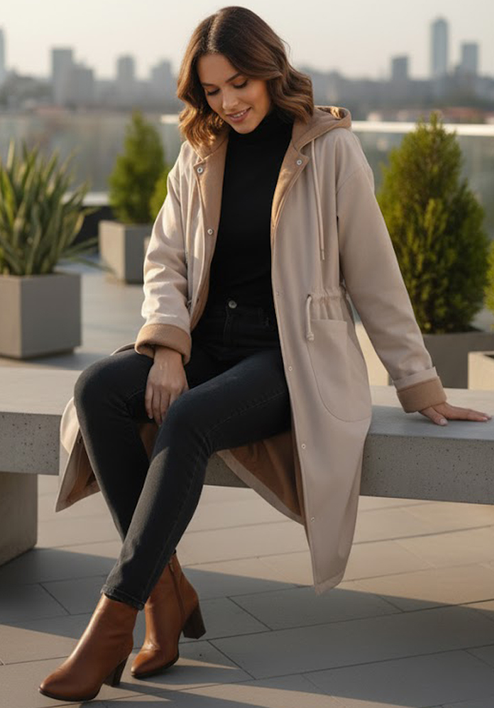 Kapüşonlu İçi Kaşe Su Geçirmez Mikro Kumaş Midi Boy Mont - 3