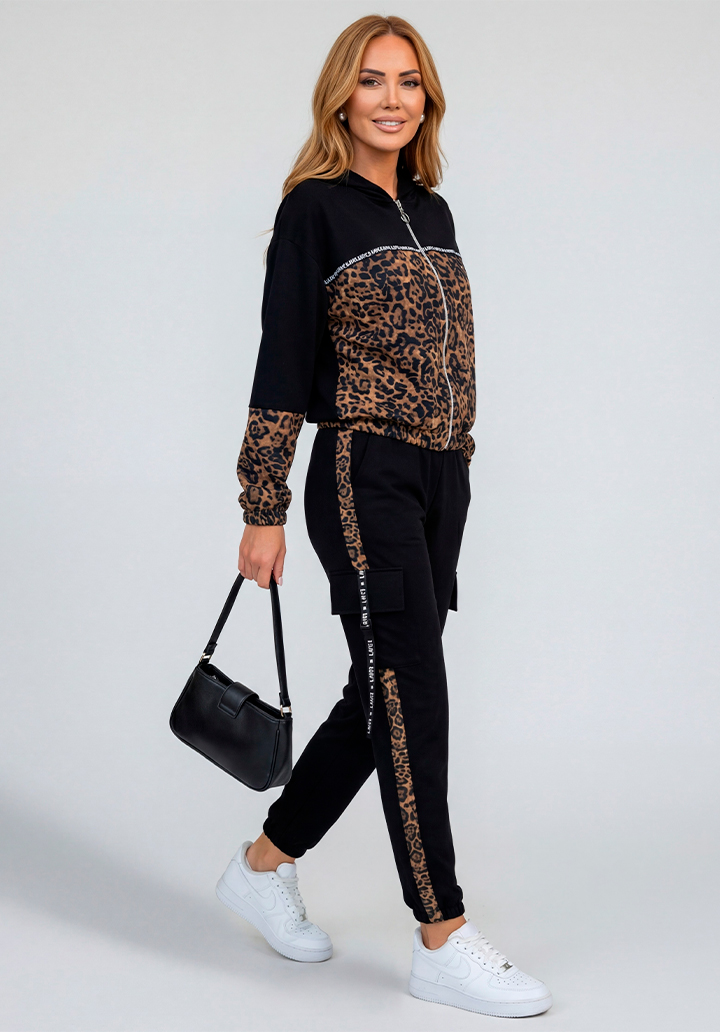 Leopar Desenli Kapüşonlu Fermuarlı Siyah Eşofman Takımı - 3