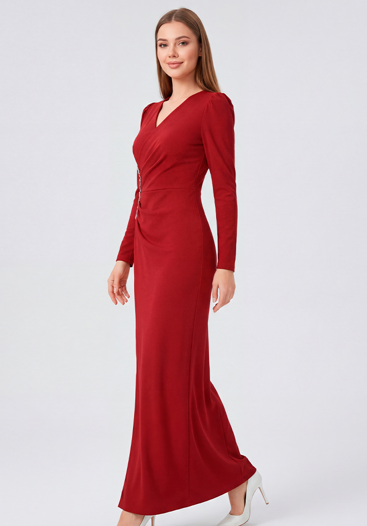 Kırmızı Uzun Kollu Özel Tasarım Yanları Taş Detaylı Yırtmaçlı Abiye Elbise - 3