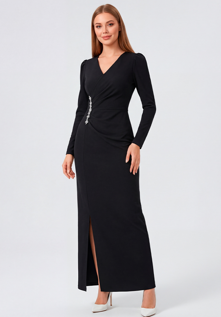 Siyah Uzun Kollu Özel Tasarım Yanları Taş Detaylı Yırtmaçlı Abiye Elbise - 3