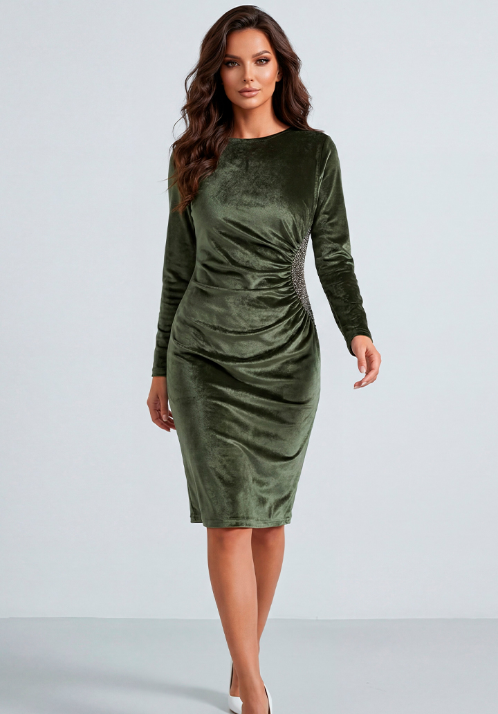 Yanı Taş Detaylı Yuvarlak Yaka Midi Boy Kadife Abiye Elbise - 3