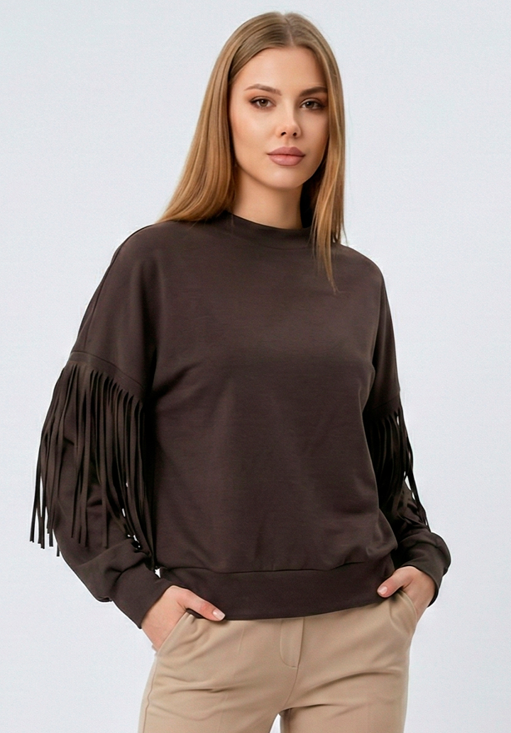 Saçaklı Kol Detaylı Bisiklet Yaka Bluz - 3