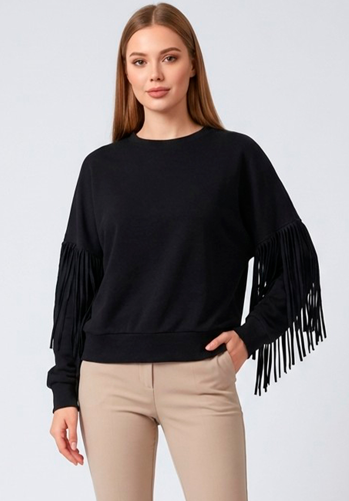 Saçaklı Kol Detaylı Bisiklet Yaka Bluz - 3