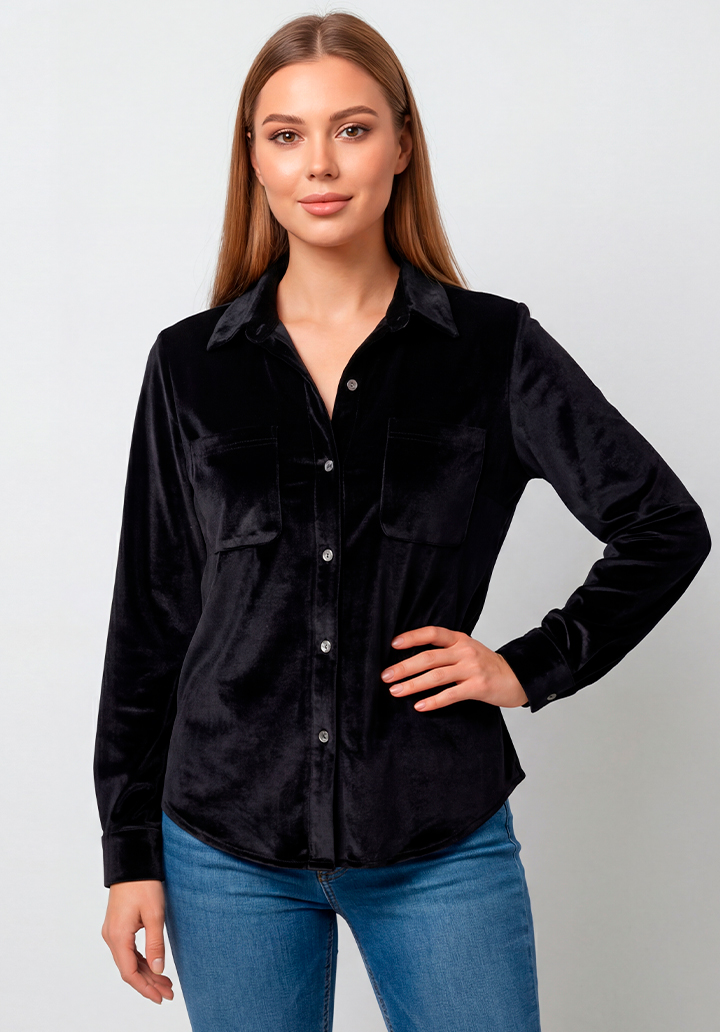 Siyah Cepli  Düğmeli Yumuşak Dokulu Günlük Şık Kadife Gömlek - 3