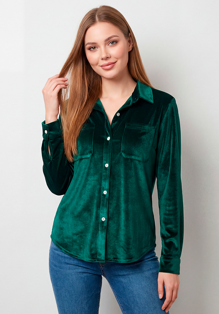 Siyah Cepli  Düğmeli Yumuşak Dokulu Günlük Şık Kadife Gömlek - 3