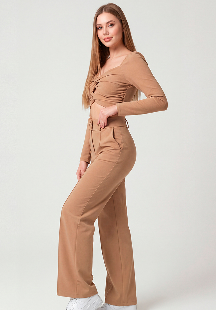 Kadın Göğüs Dekolteli Yüksek Bel Pantolon ve Crop Bluz İkili Takım - 3