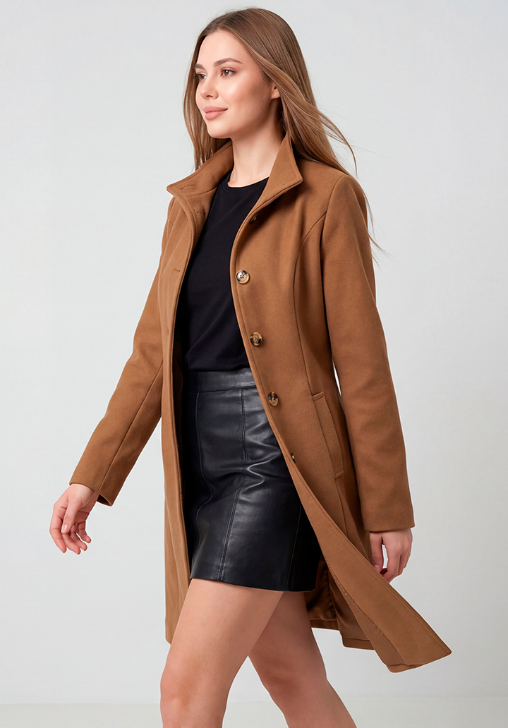 Kadın Taba Dik Yaka Düğmeli Astarsız Kaşe Kaban - 3