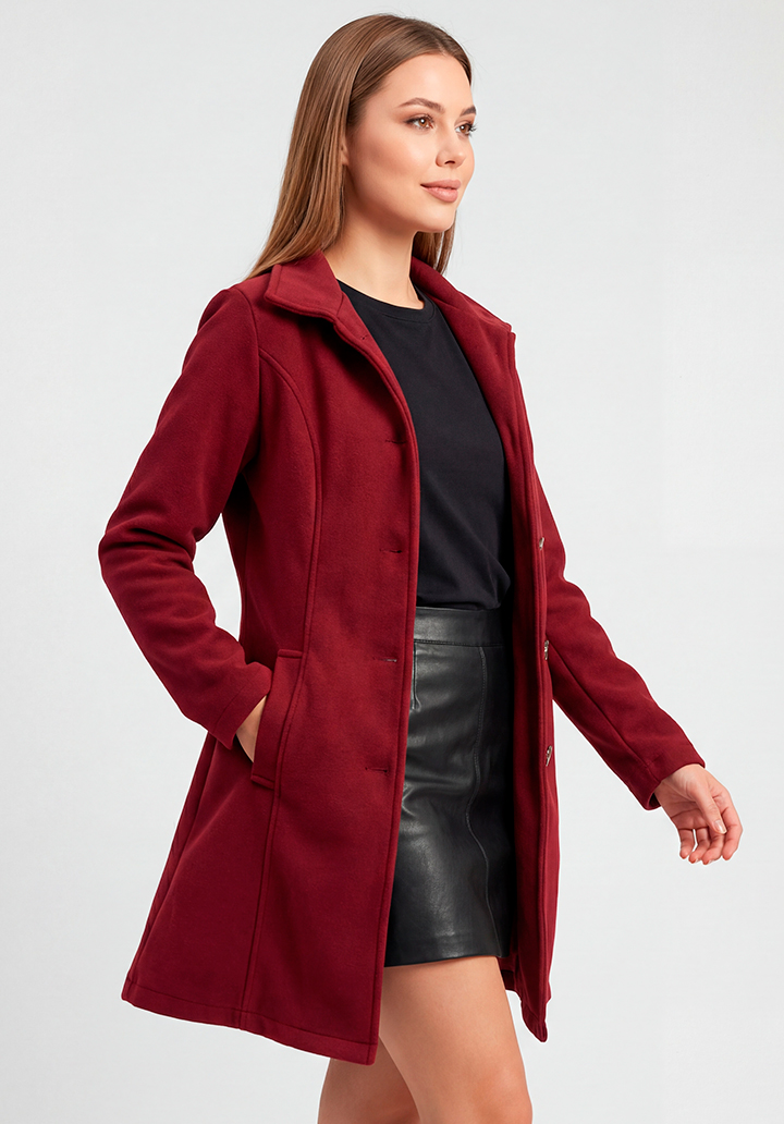 Kadın Bordo Dik Yaka Düğmeli Astarsız Kaşe Kaban - 3