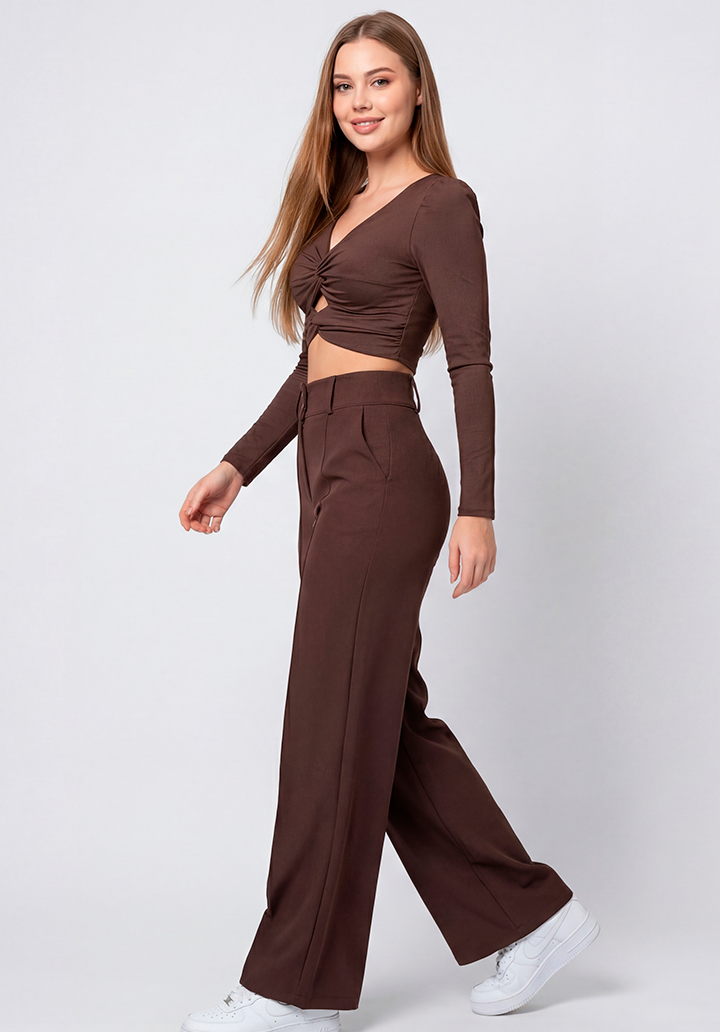 Kadın Göğüs Dekolteli Yüksek Bel Pantolon ve Crop Bluz İkili Takım - 3