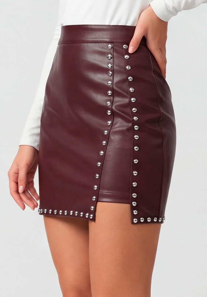 Yüksek Bel Gümüş Renk Trok Detaylı Deri Mini Etek - 3