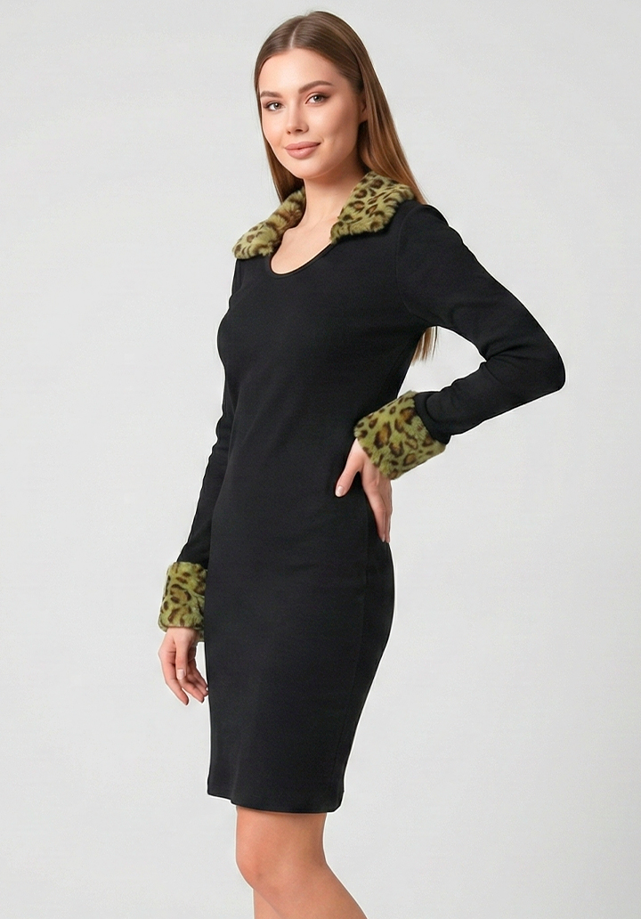 Kürk Leopar Yaka Detaylı Kaşkorse Kumaş Kalem Elbise - 3