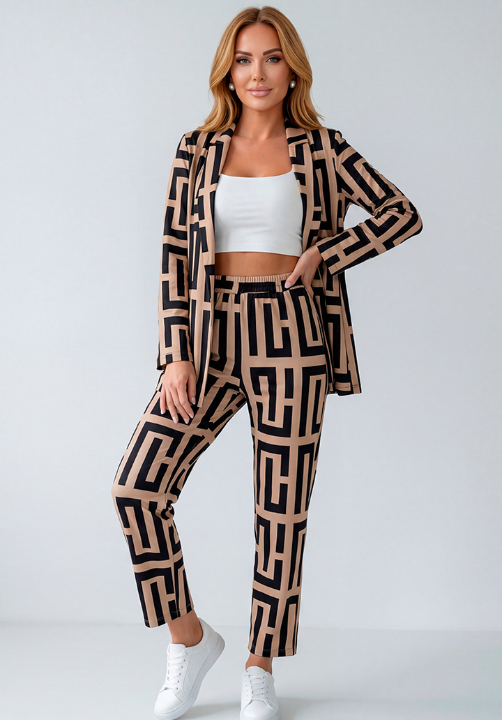 Önü Açık Geometrik Desenli Ceket Pantolon Alt Üst Takım - 3