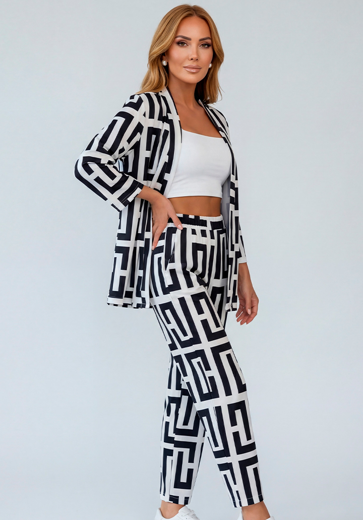 Önü Açık Geometrik Desenli Ceket Pantolon Alt Üst Takım - 3