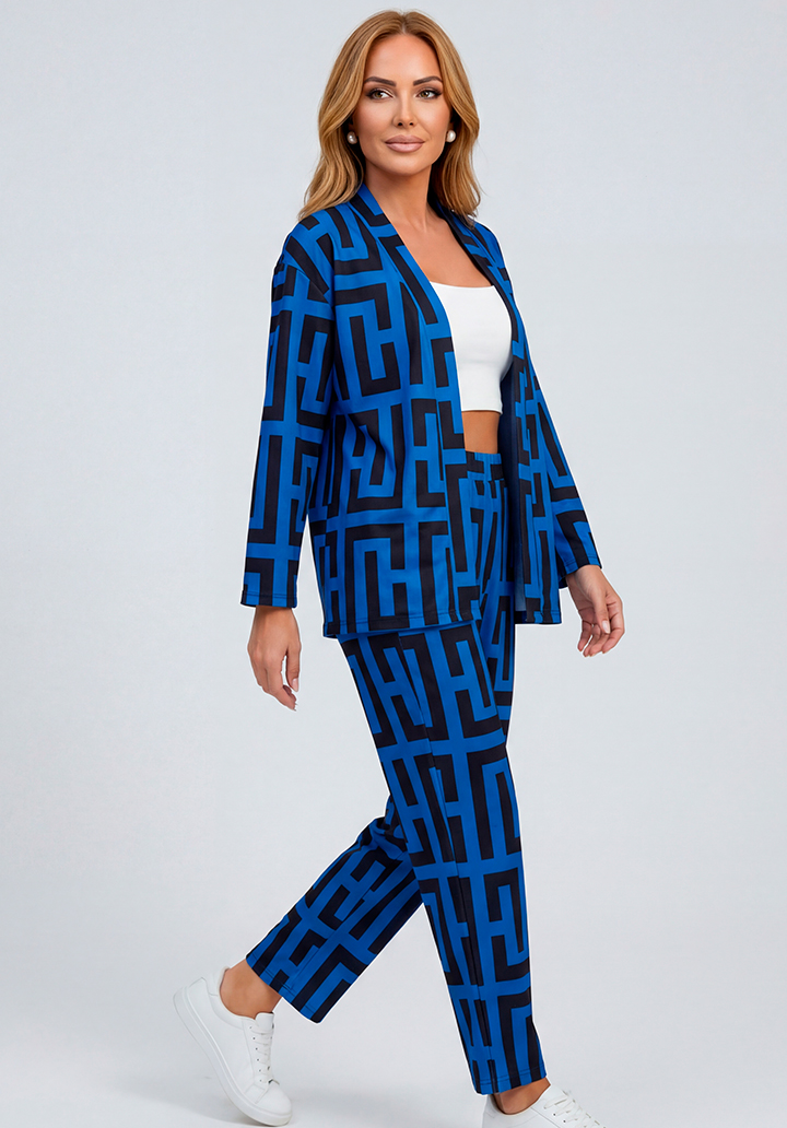Önü Açık Geometrik Desenli Ceket Pantolon Alt Üst Takım - 3