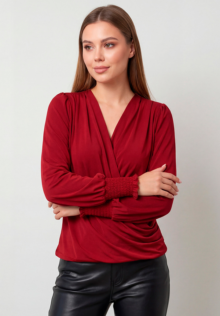 Kadın Kırmızı Kruvaze Yaka Dökümlü Kol Ucu Gipeli Şık Bluz - 3