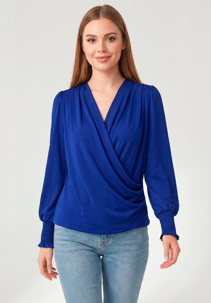 Kadın Kırmızı Kruvaze Yaka Dökümlü Kol Ucu Gipeli Şık Bluz - 3